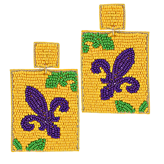 Mardi Gras Square Beaded Fleur De Lis Earrings
