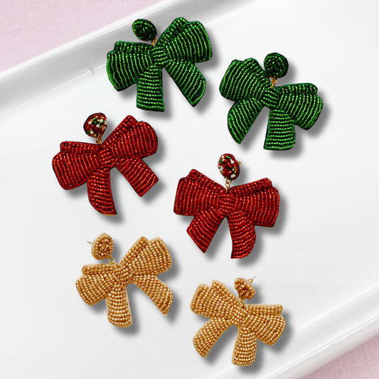 Christmas Ribbon Seed Beaded Statement Gift Bow Earrings
