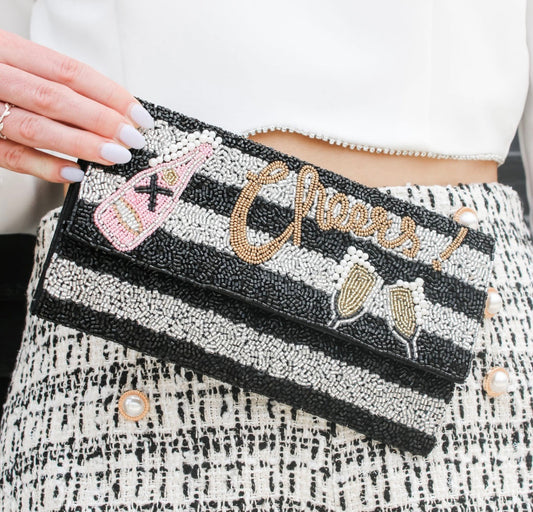 CHEERS Gold Black Champagne Bottle Beaded Clutch Crossbody Handbag