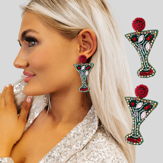 Austrian Crystal Beaded Martini Cocktail Christmas Earrings