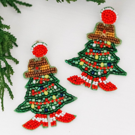 Christmas Holiday Cowgirl Tree Western Beaded Earrings