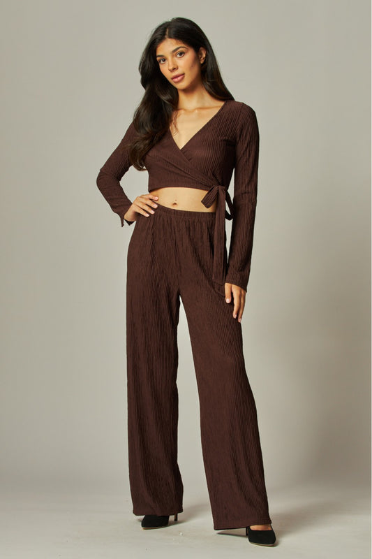 'PLISSED' TO MEET YOU LEISURE PANTS SET IN BROWN