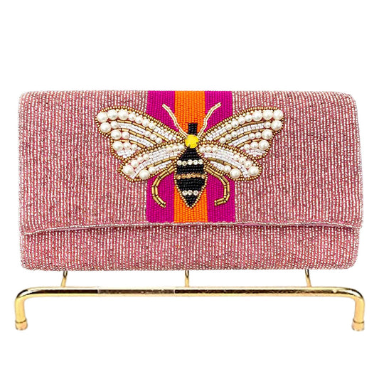 Pearl Winged Bee Striped Seed Beaded Crossbody Clutch Handbag