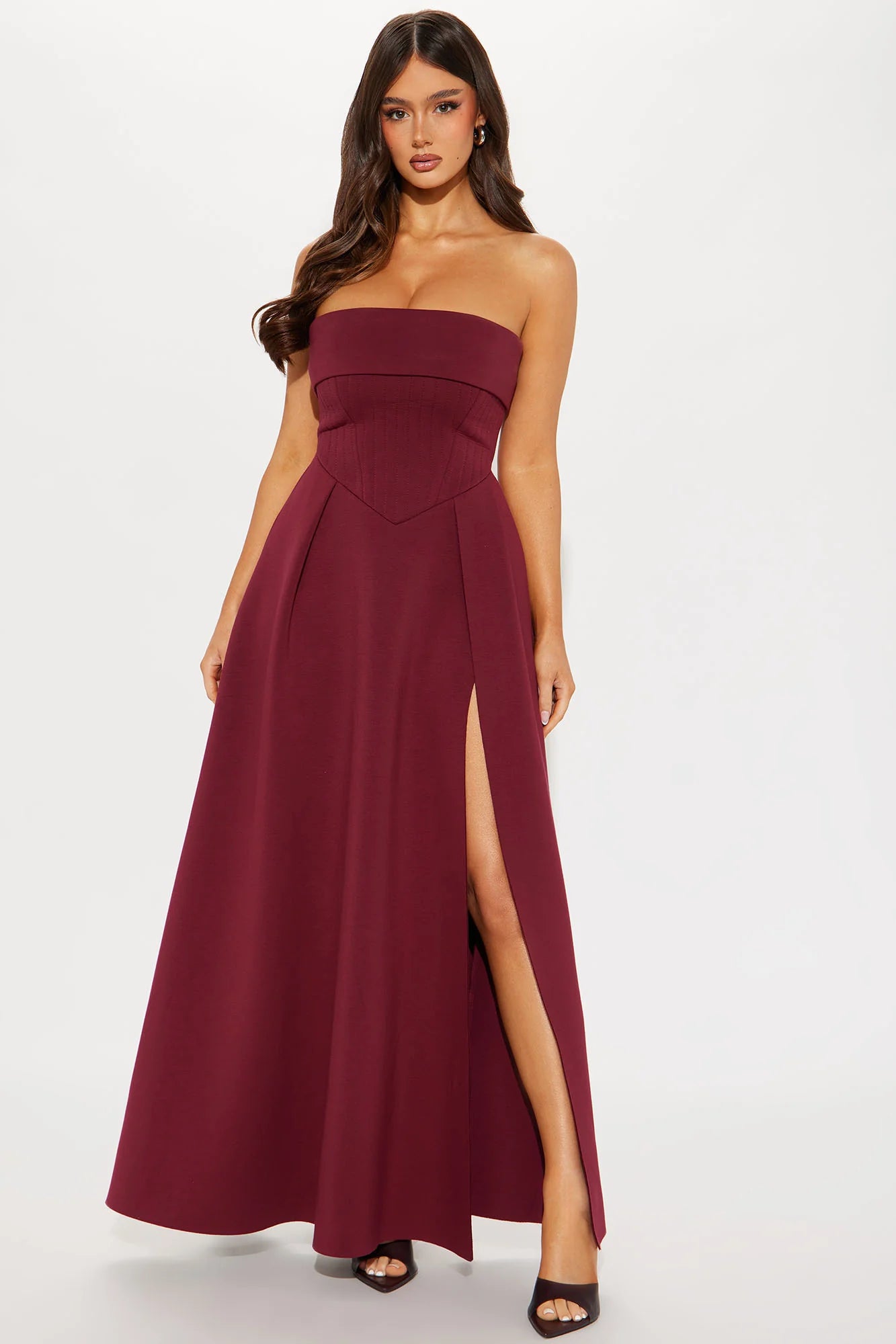 Ava Leg Lust Strapless Scuba Knit Maxi Dress in Burgundy