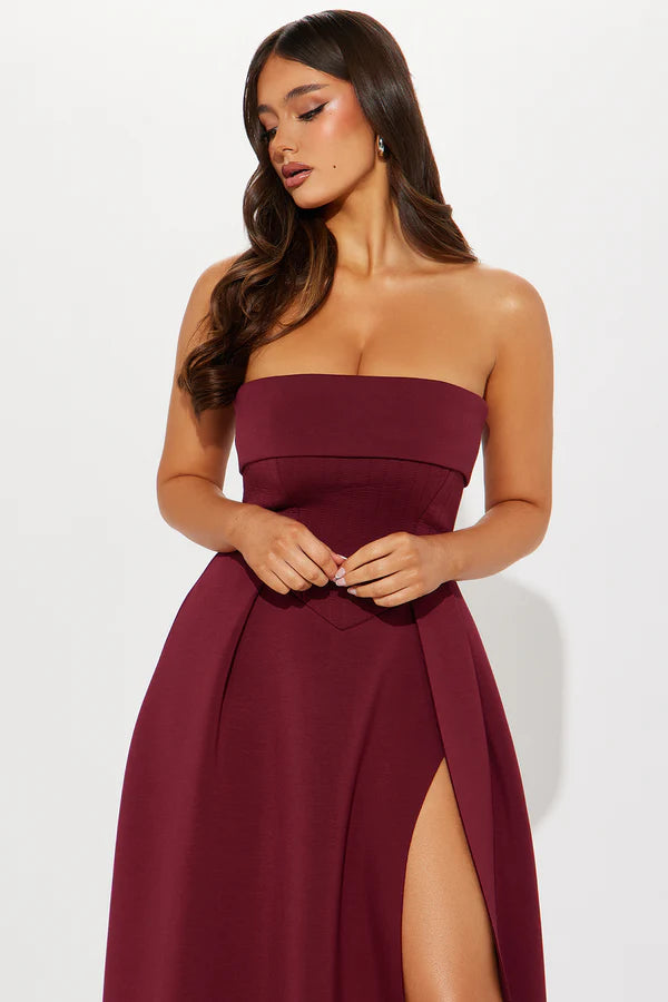 Ava Leg Lust Strapless Scuba Knit Maxi Dress in Burgundy