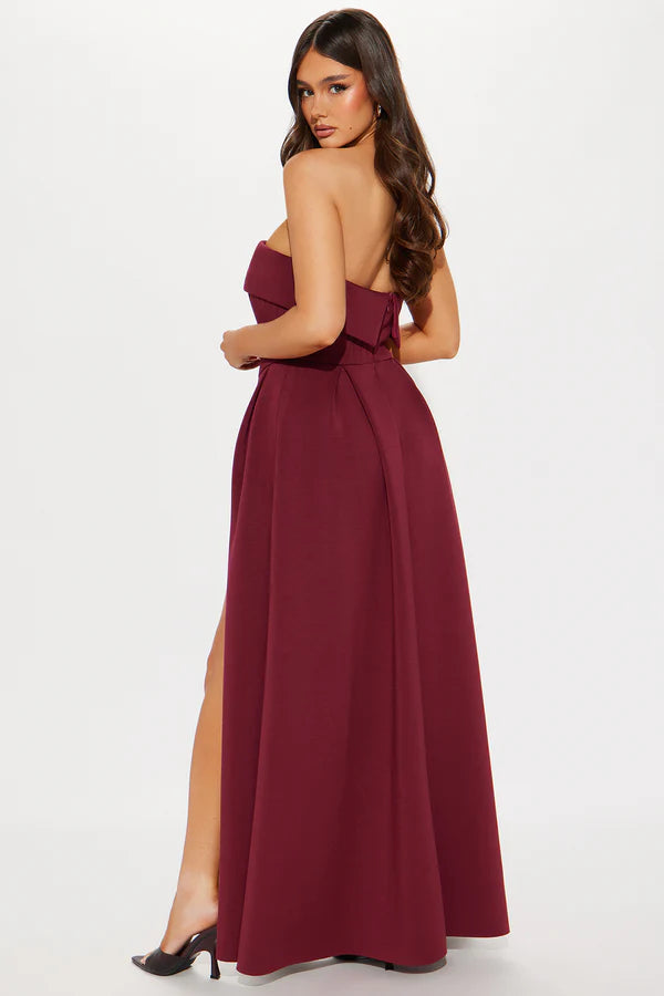 Ava Leg Lust Strapless Scuba Knit Maxi Dress in Burgundy