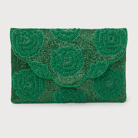 Green Rose Beaded Clutch Crossbody Handbag