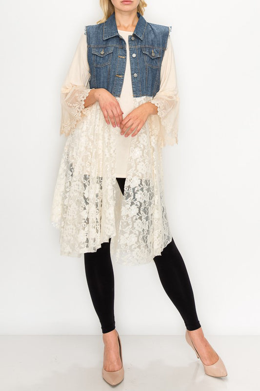 Deidre Blue Denim Vest Boho Lace Hem in Beige