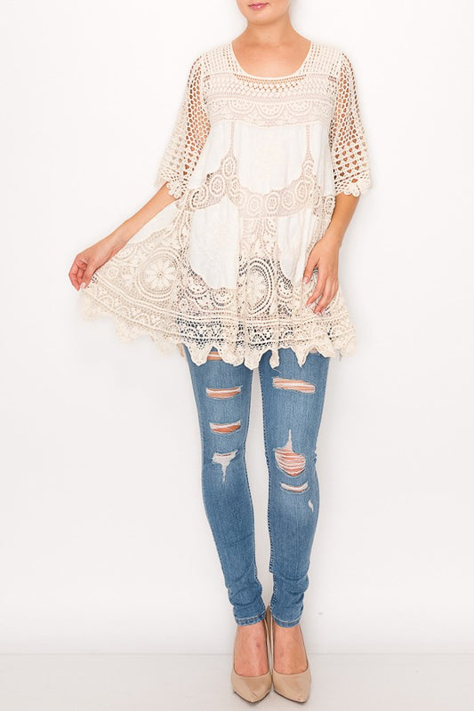 Rowen Crochet Lace Bohemian Tunic Top in Beige