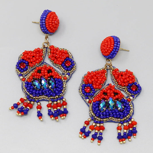 Beaded Blue Red Crab Beach Theme Earrings