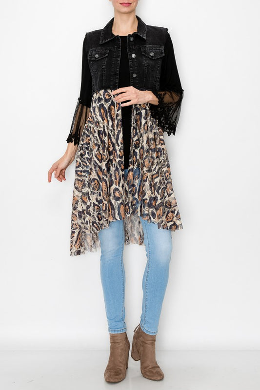 Deidre Denim Vest Boho Lace Hem in Black Leopard