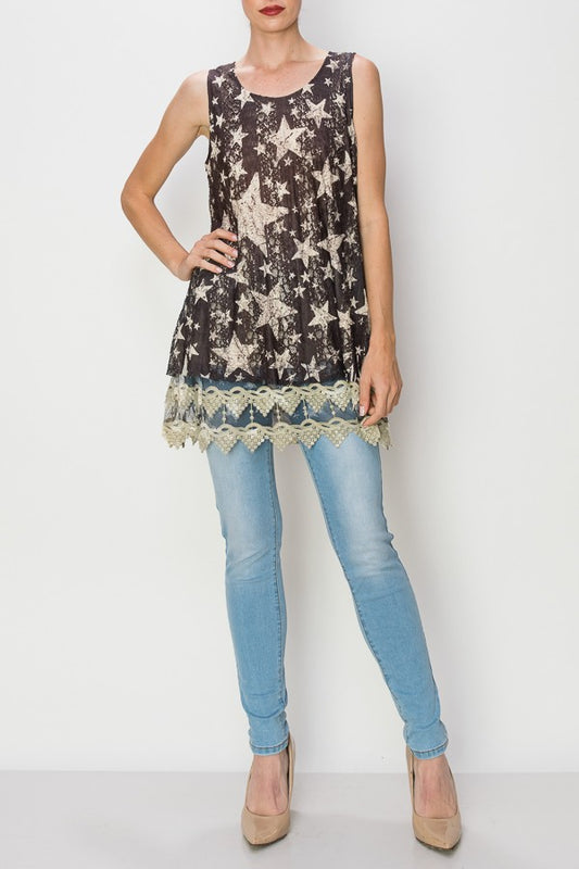 Lola Lined Lace Detail Hi-Lo Tank Top in Black Star