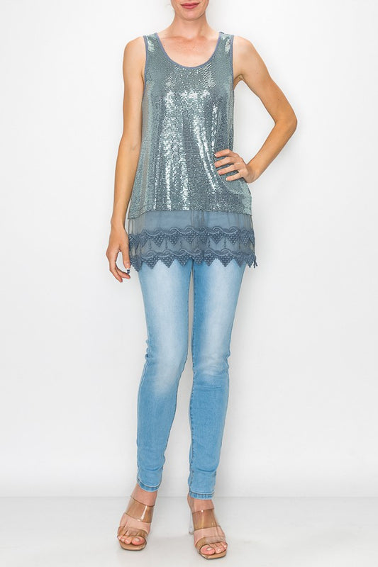 Zerah Sparkle Lace Extended Length Tank Top in Blue