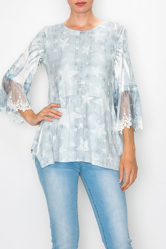 Olivia Star Printed Lace Bell Sleeved Tunic Top In Blue