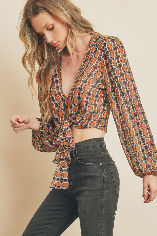 Retro Rally Tie Front Cropped Top Blouse