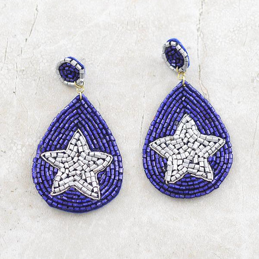 Blue Silver Star Glass Beaded Teardrop Earrings