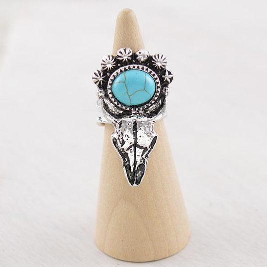 Western Cow Skull Silver Cuff Ring