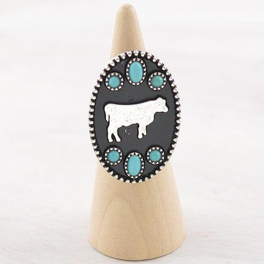 Western Style Turquoise Silver Cow Ring