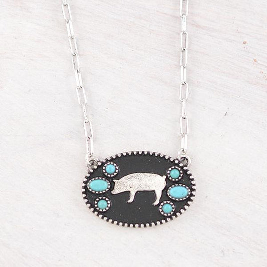 Western Style Turquoise Silver Pig Necklace