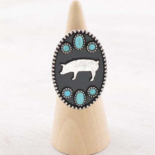 Western Style Silver Pig Ring