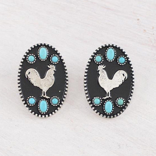 Western Style Turquoise Silver Chicken Earrings