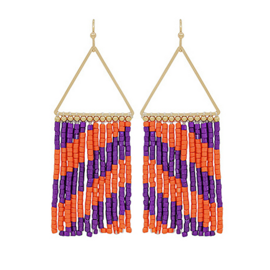 Purple & Orange Striped Seed Bead Fringe Earrings