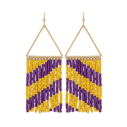 Yellow & Purple Striped Seed Bead Fringe Earrings