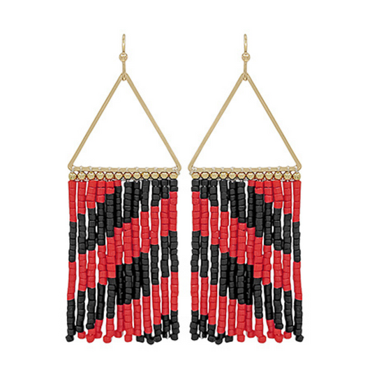 Red & Black Striped Seed Bead Fringe Earrings
