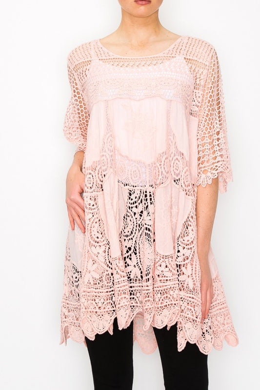 Rowen Crochet Lace Bohemian Tunic Top in Pink