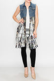 Deidre Blue Denim Vest Boho Lace Hem in Camo Print