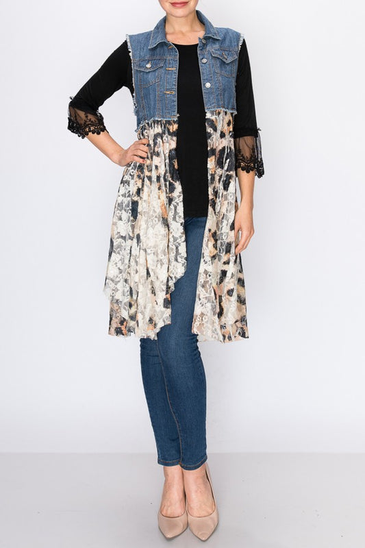 Deidre Denim Vest Boho Hem in Blue Leopard Lace