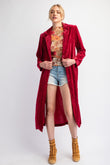 Sadie Seventies Shimmer Velvet Boho Retro Long Coat in Red