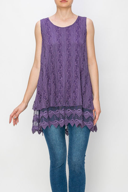 Lola Lined Lace Detail Hi-Lo Tank Top in Purple