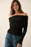 Shaper Fit Knit Off-Shoulder Ribbed Fold-Over Top in Black