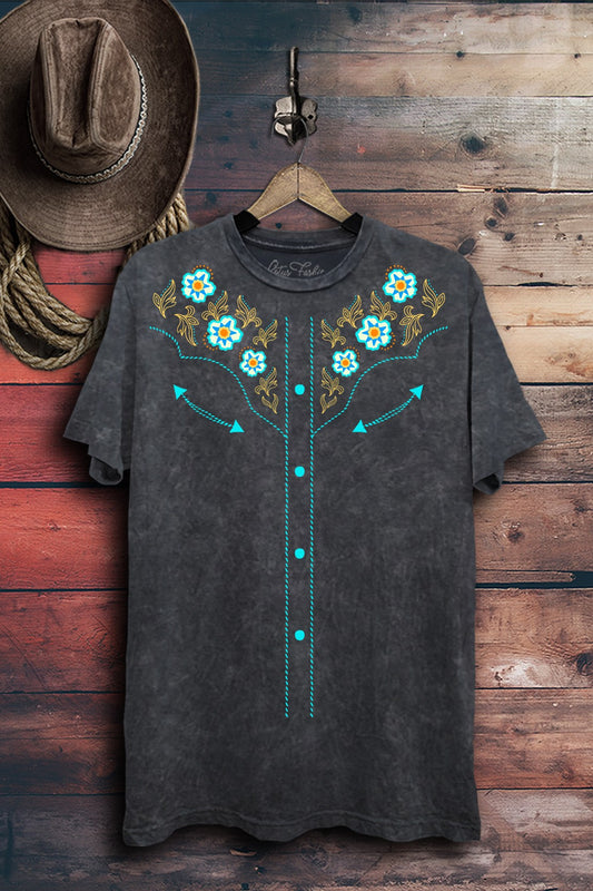 Floral Button Design Western Graphic T-Shirt