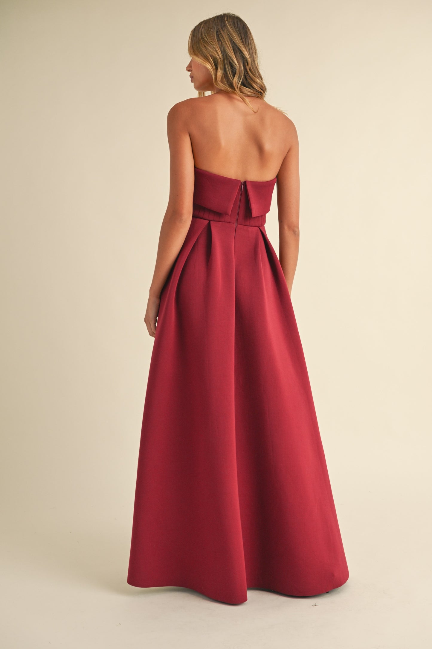 Ava Leg Lust Strapless Scuba Knit Maxi Dress in Burgundy