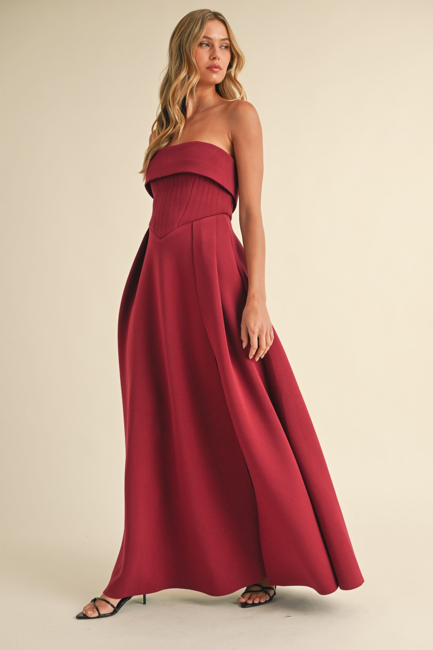 Ava Leg Lust Strapless Scuba Knit Maxi Dress in Burgundy