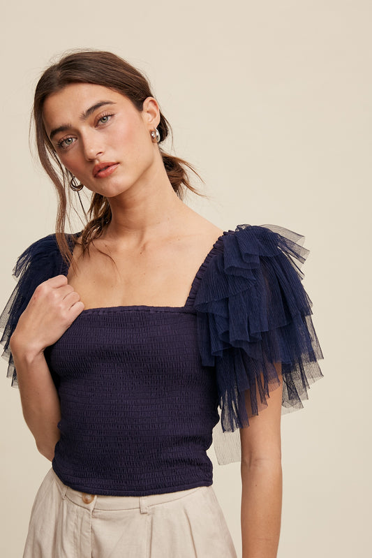 Delilah Tulle Ruffle Sleeve True Romance Top in Navy
