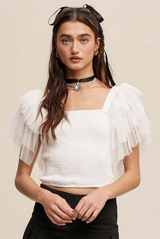 Delilah Tulle Ruffle Sleeve True Romance Top in Ivory