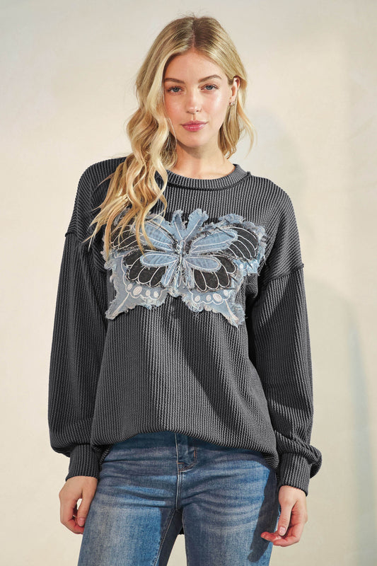 Social Butterfly Patch Ribbed Thermal Top