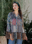 Bellamie Boho Patchwork Button Ruffle Tunic Top
