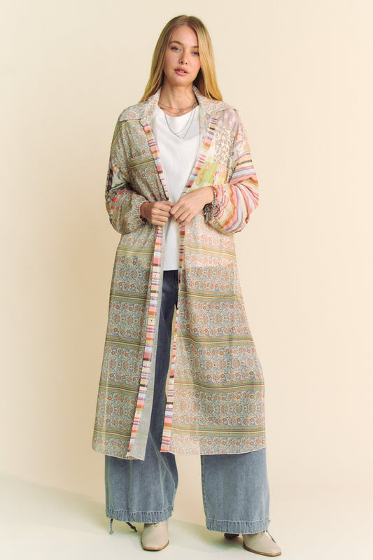 Green Boho Patchwork Cottagecore Button Maxi-Shirt Cover-up