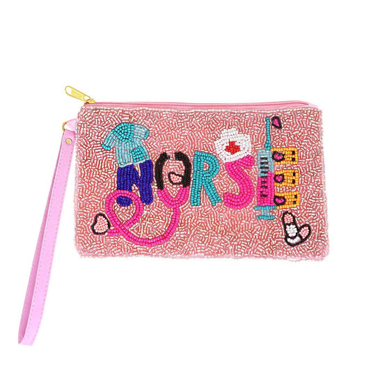 NURSE Theme Pink Seed Beaded Wristlet Strap Pouch