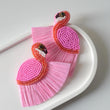 Pink Flamingo Bead Raffia Fringe Tropical Bird Earrings