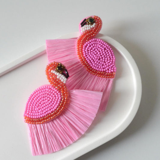 Pink Flamingo Bead Raffia Fringe Tropical Bird Earrings