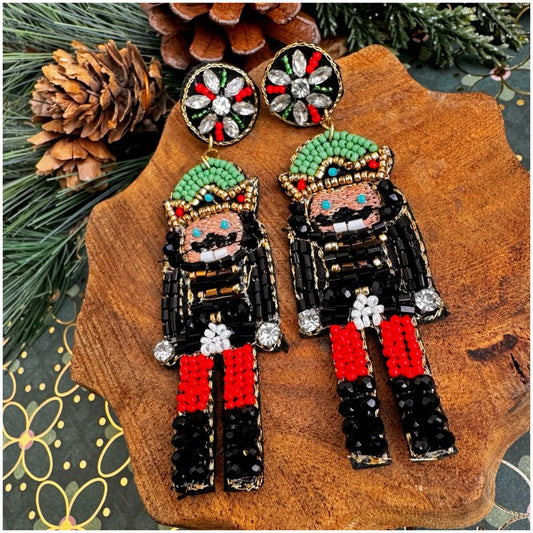 Crystal Nutcracker Christmas Seed Beaded Holiday Earrings