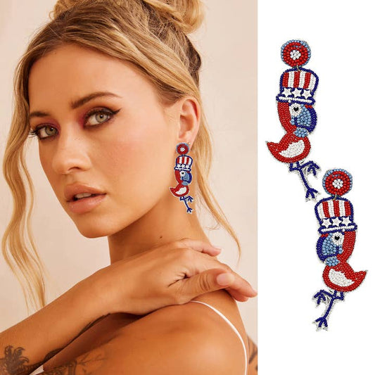 Flamingo Uncle Sam USA 4th of July Beaded Earrings