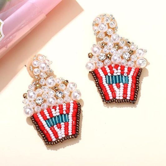 Popcorn Bucket Beaded Pearl Accent Earrings