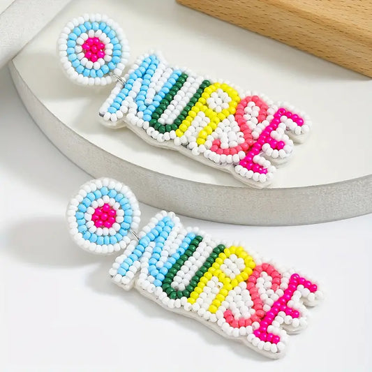 NURSE Colorful Word Seed Beaded Earrings