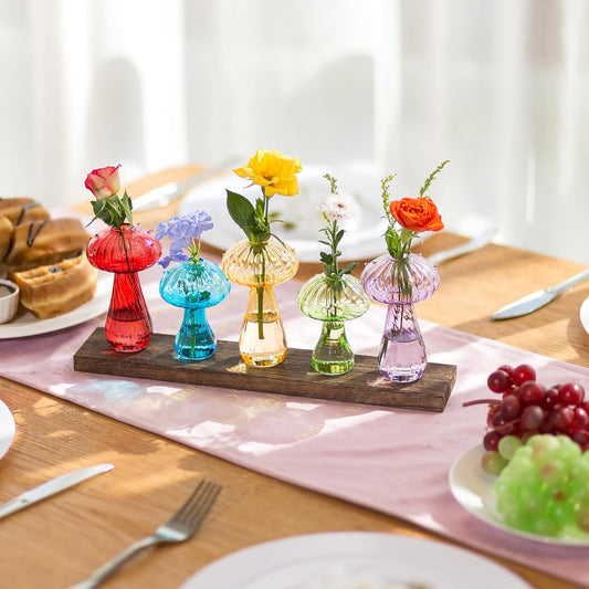 5 PC Decor Set of Glass Mushroom Design Single Stem Vases